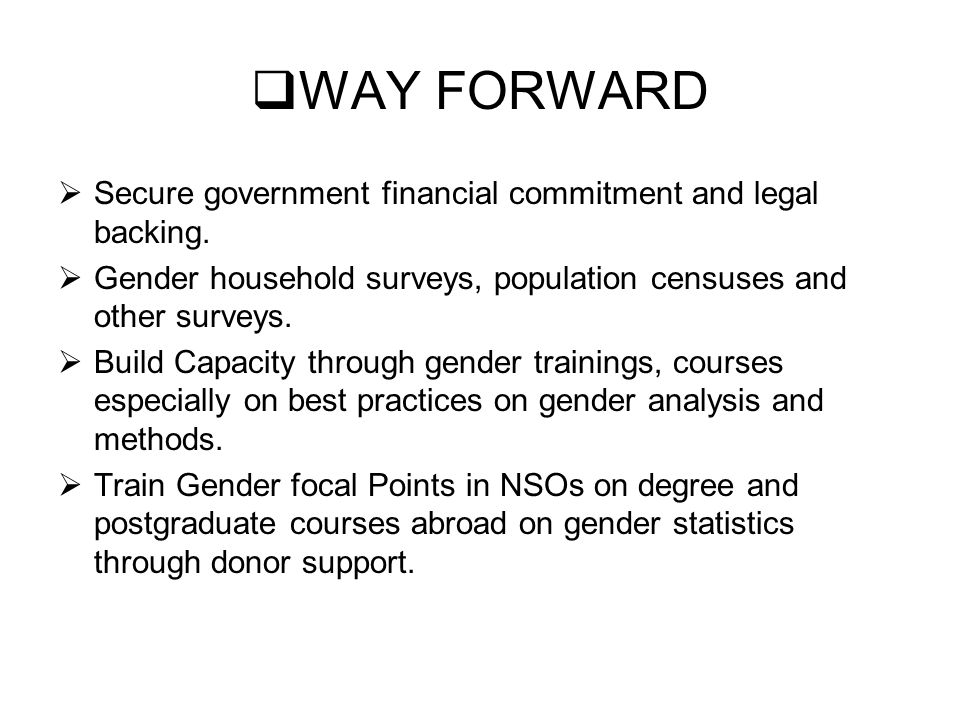 WAY FORWARD Secure government financial commitment and legal backing.
