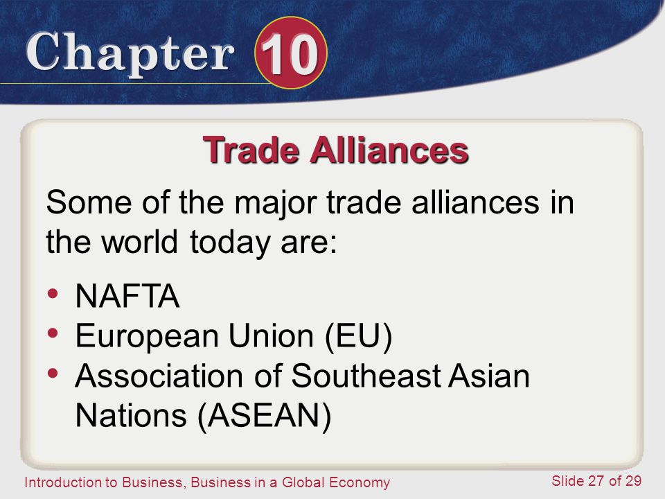 Trade Alliances Some of the major trade alliances in the world today are: NAFTA. European Union (EU)