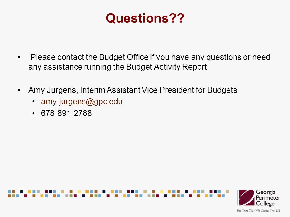 Questions Please contact the Budget Office if you have any questions or need any assistance running the Budget Activity Report.