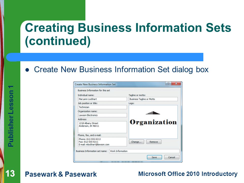 Creating Business Information Sets (continued)
