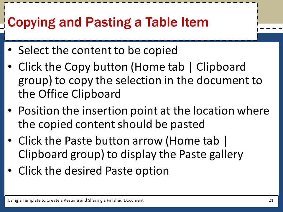 Copying and Pasting a Table Item