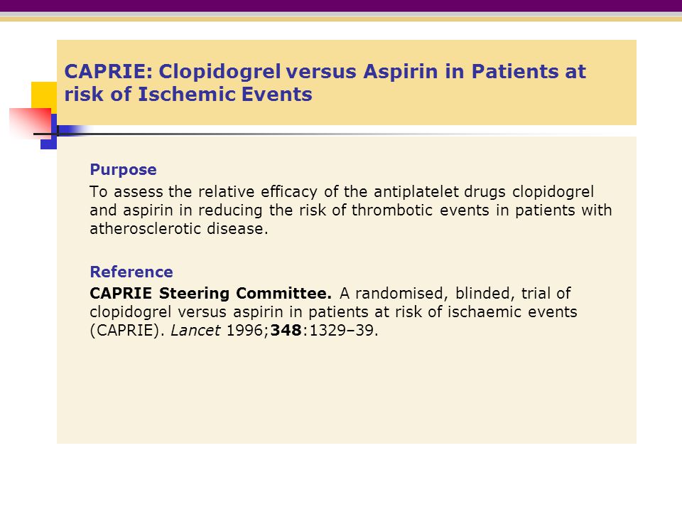 CAPRIE: Clopidogrel versus Aspirin in Patients at risk of Ischemic Events