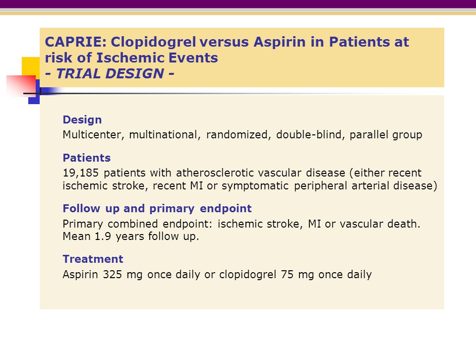 CAPRIE: Clopidogrel versus Aspirin in Patients at risk of Ischemic Events - TRIAL DESIGN -