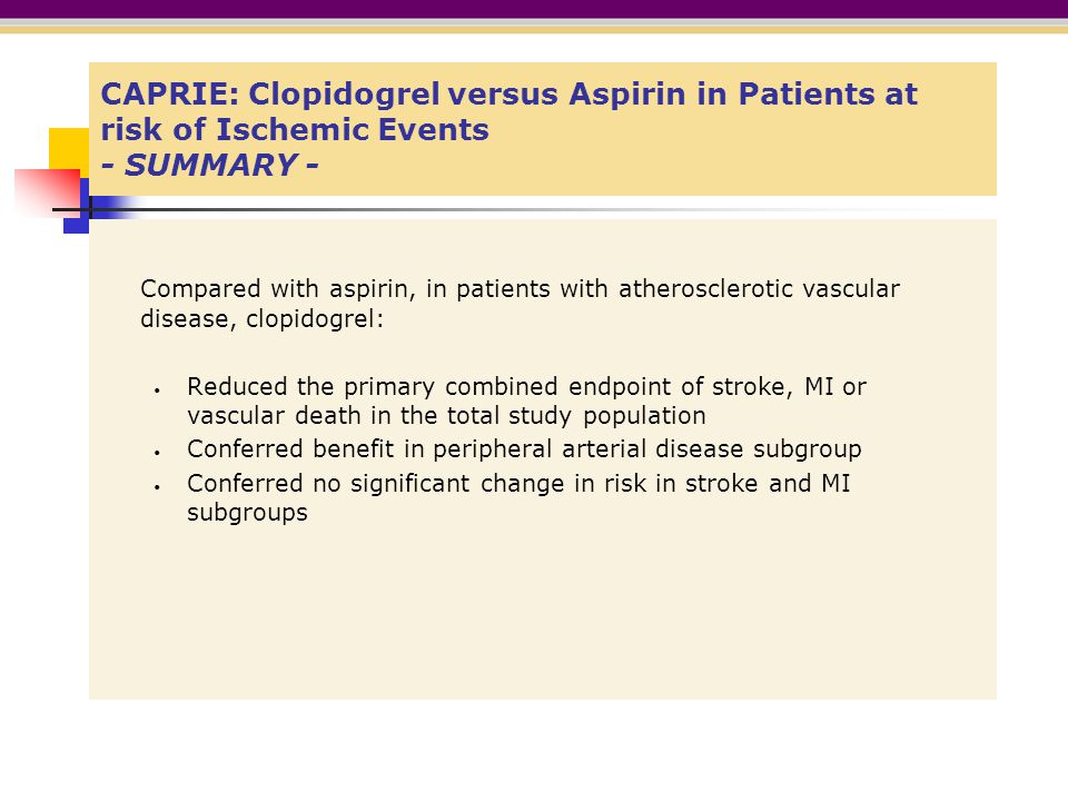 CAPRIE: Clopidogrel versus Aspirin in Patients at risk of Ischemic Events - SUMMARY -
