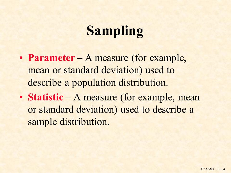 Sampling Parameter – A measure (for example, mean or standard deviation) used to describe a population distribution.