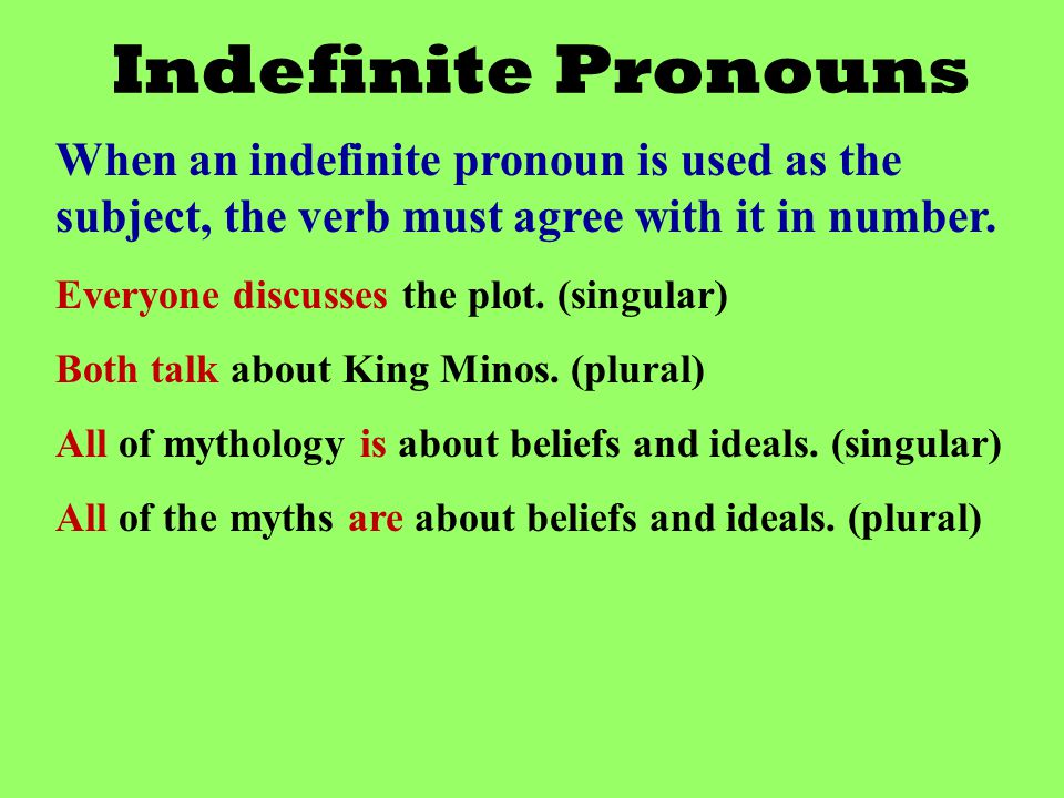 Indefinite Pronouns When an indefinite pronoun is used as the subject, the verb must agree with it in number.