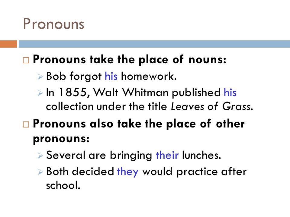 Pronouns Pronouns take the place of nouns: