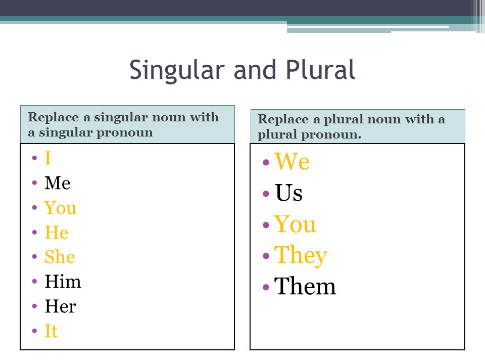 Singular and Plural We Us You They Them I Me You He She Him Her It