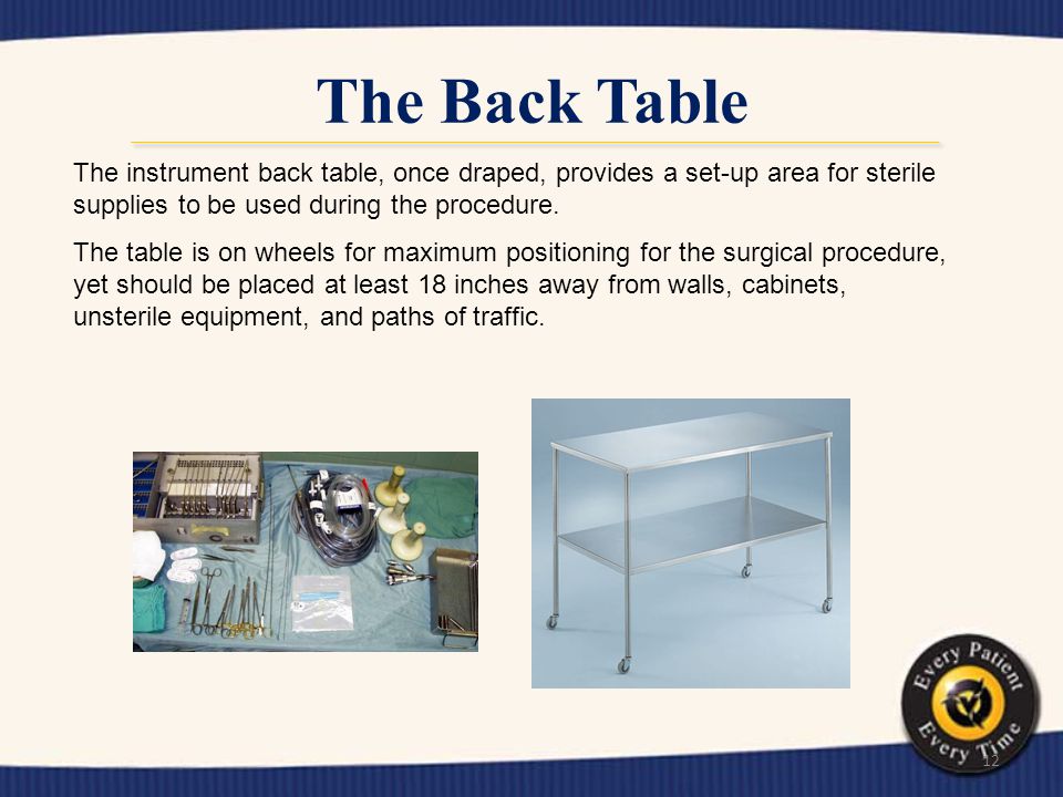 The Back Table The instrument back table, once draped, provides a set-up area for sterile supplies to be used during the procedure.