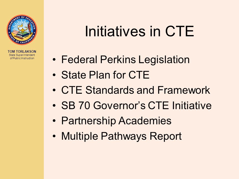 Initiatives in CTE Federal Perkins Legislation State Plan for CTE