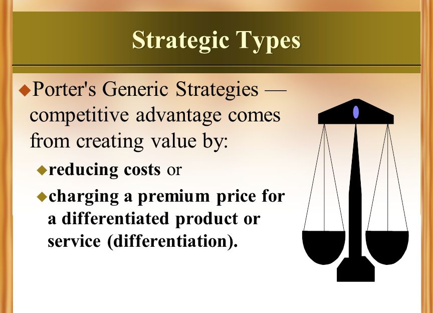 Strategic Types Porter s Generic Strategies —competitive advantage comes from creating value by: reducing costs or.