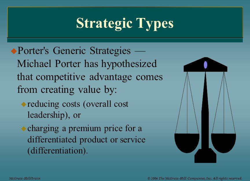 Strategic Types Porter s Generic Strategies —Michael Porter has hypothesized that competitive advantage comes from creating value by: