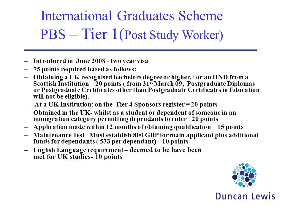 International Graduates Scheme PBS – Tier 1(Post Study Worker)
