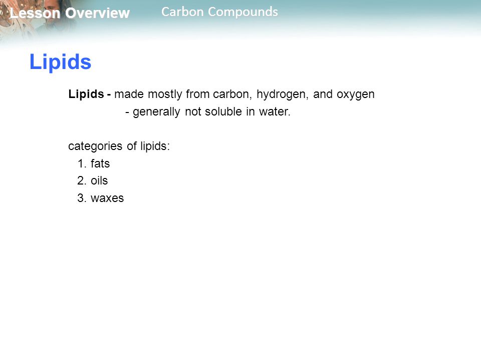 Lipids Lipids - made mostly from carbon, hydrogen, and oxygen