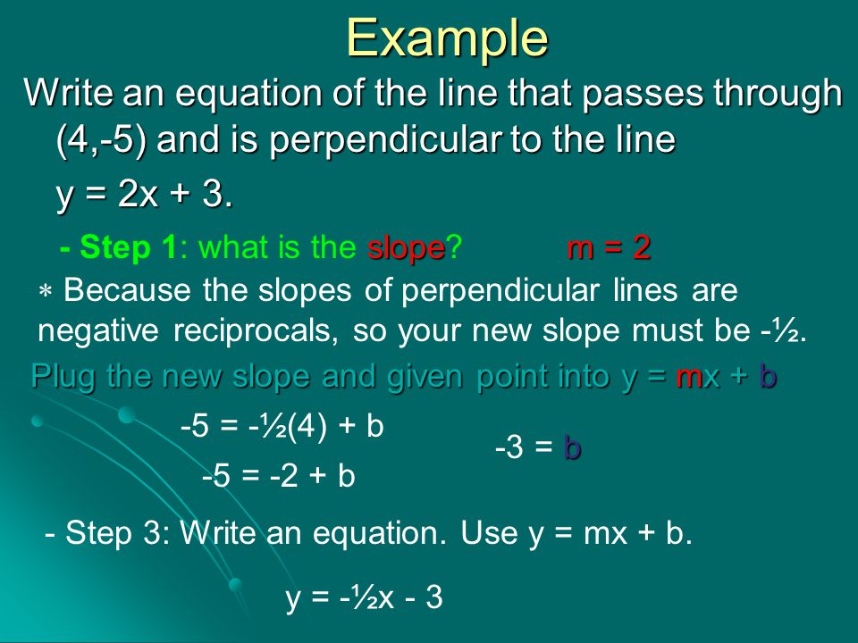 Example Write an equation of the line that passes through (4,-5) and is perpendicular to the line. y = 2x + 3.