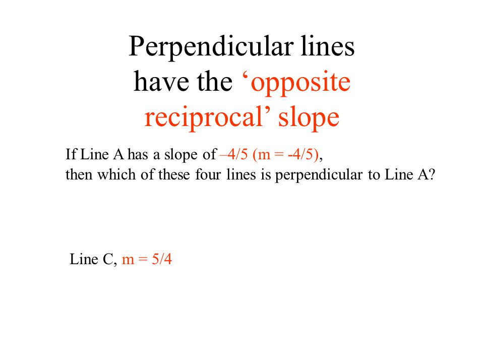 Perpendicular lines have the ‘opposite reciprocal’ slope
