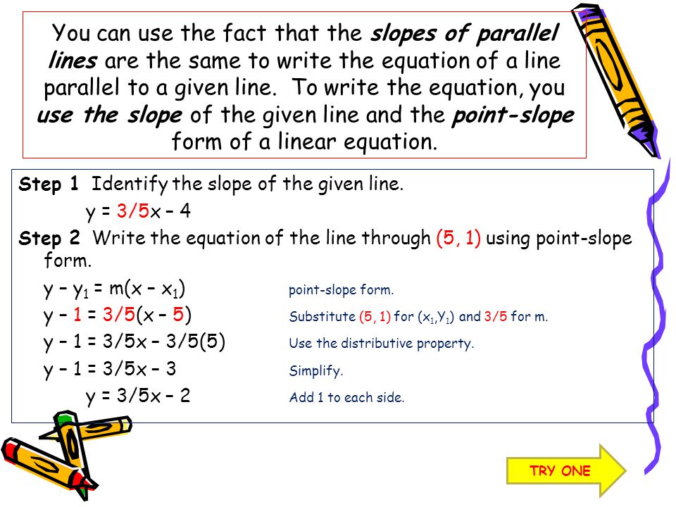 You can use the fact that the slopes of parallel lines are the same to write the equation of a line parallel to a given line. To write the equation, you use the slope of the given line and the point-slope form of a linear equation.