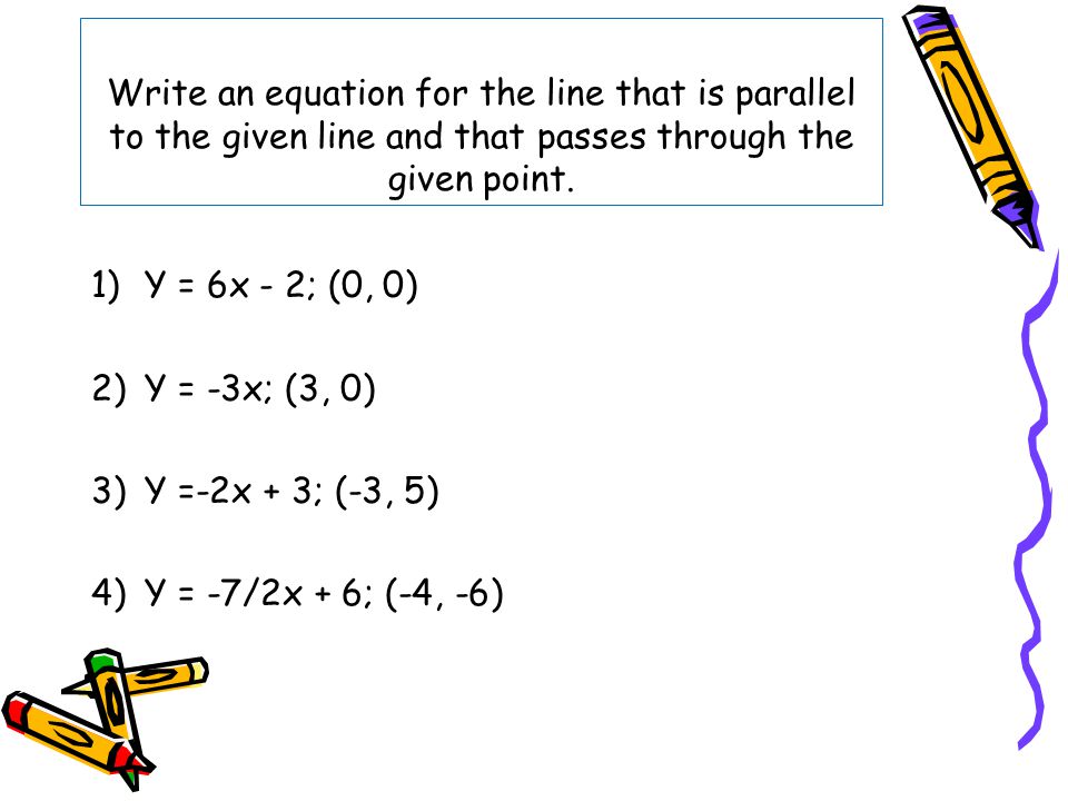 Write an equation for the line that is parallel to the given line and that passes through the given point.