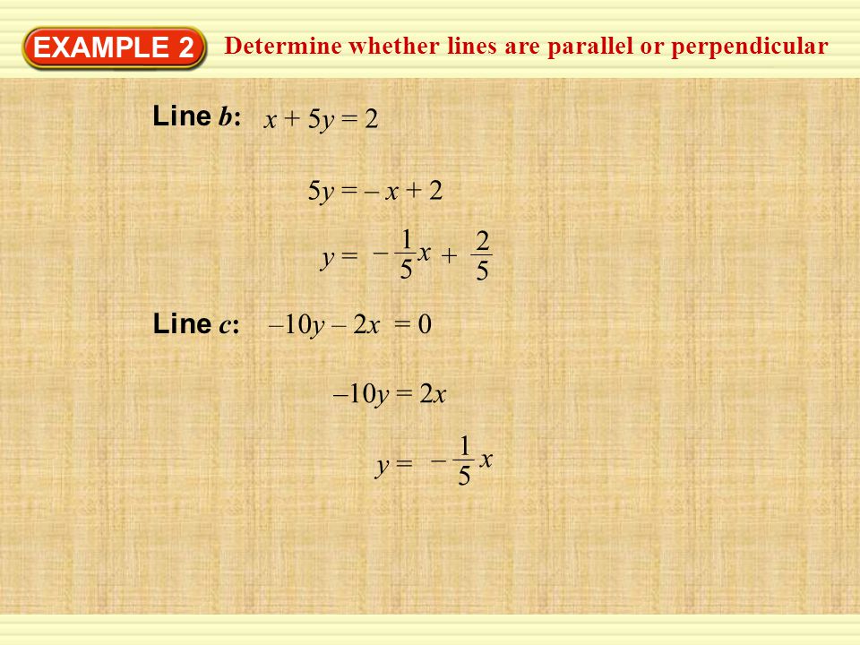 EXAMPLE 2 Line b: x + 5y = 2 5y = – x + 2 x y = – Line c: