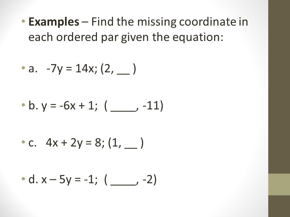 Examples – Find the missing coordinate in each ordered par given the equation: