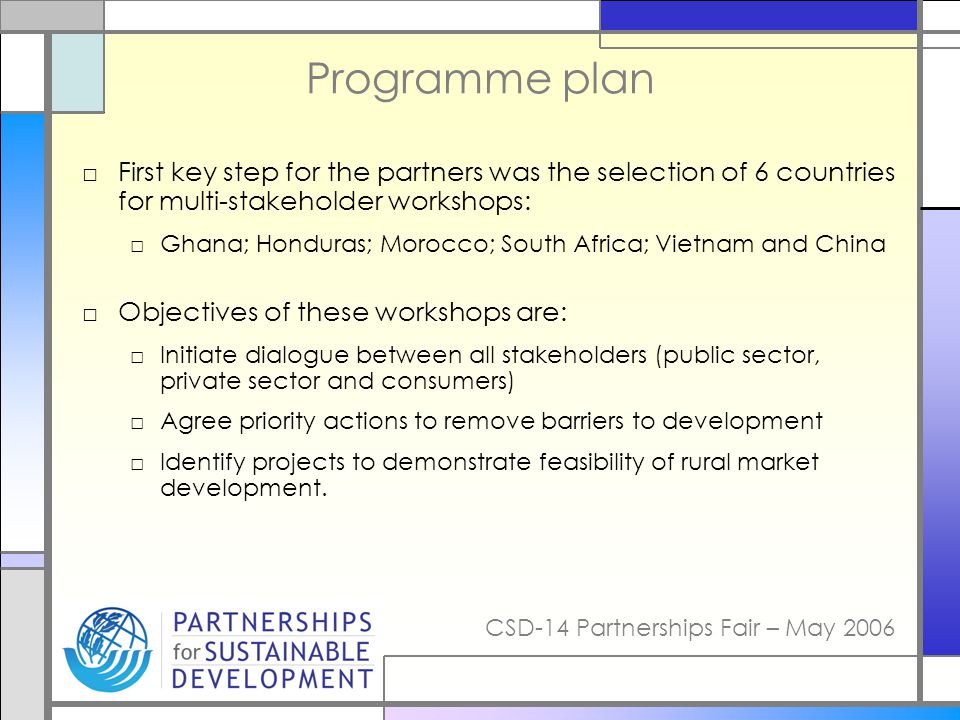 Programme plan First key step for the partners was the selection of 6 countries for multi-stakeholder workshops: