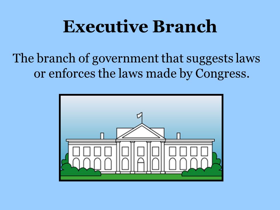 Executive Branch The branch of government that suggests laws or enforces the laws made by Congress.
