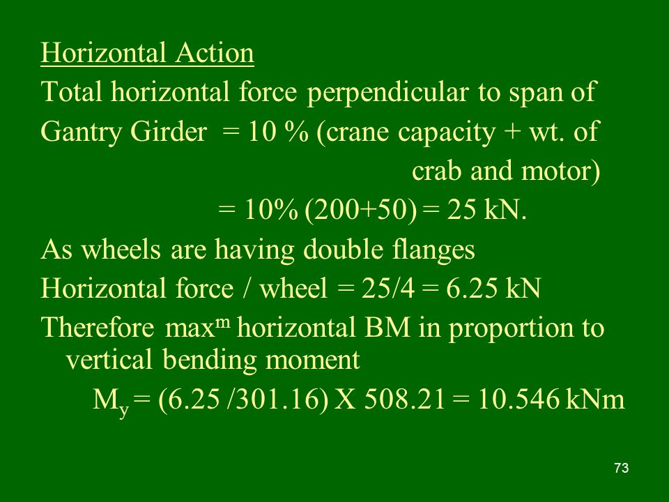 Horizontal Action Total horizontal force perpendicular to span of. Gantry Girder = 10 % (crane capacity + wt. of.