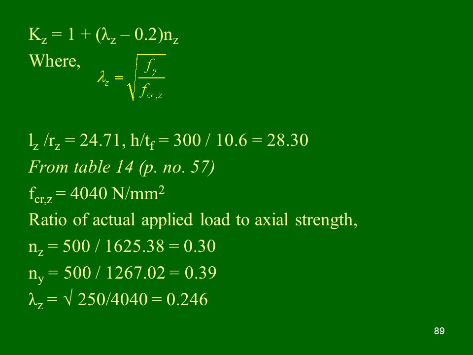 Kz = 1 + (λz – 0.2)nz Where, lz /rz = 24.71, h/tf = 300 / 10.6 = From table 14 (p. no. 57)