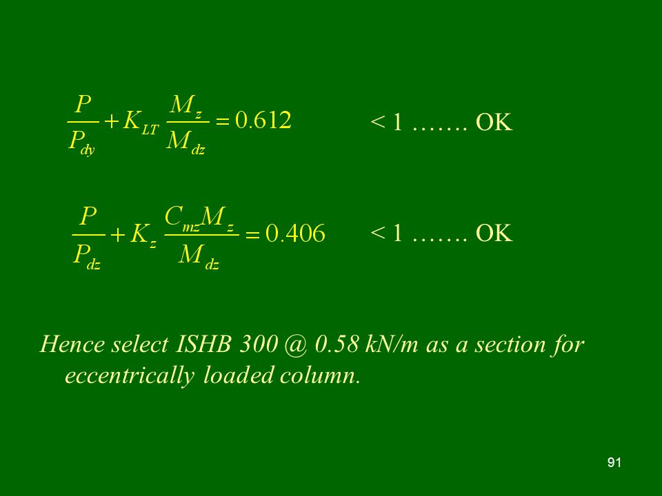 < 1 ……. OK Hence select ISHB 0.58 kN/m as a section for eccentrically loaded column.