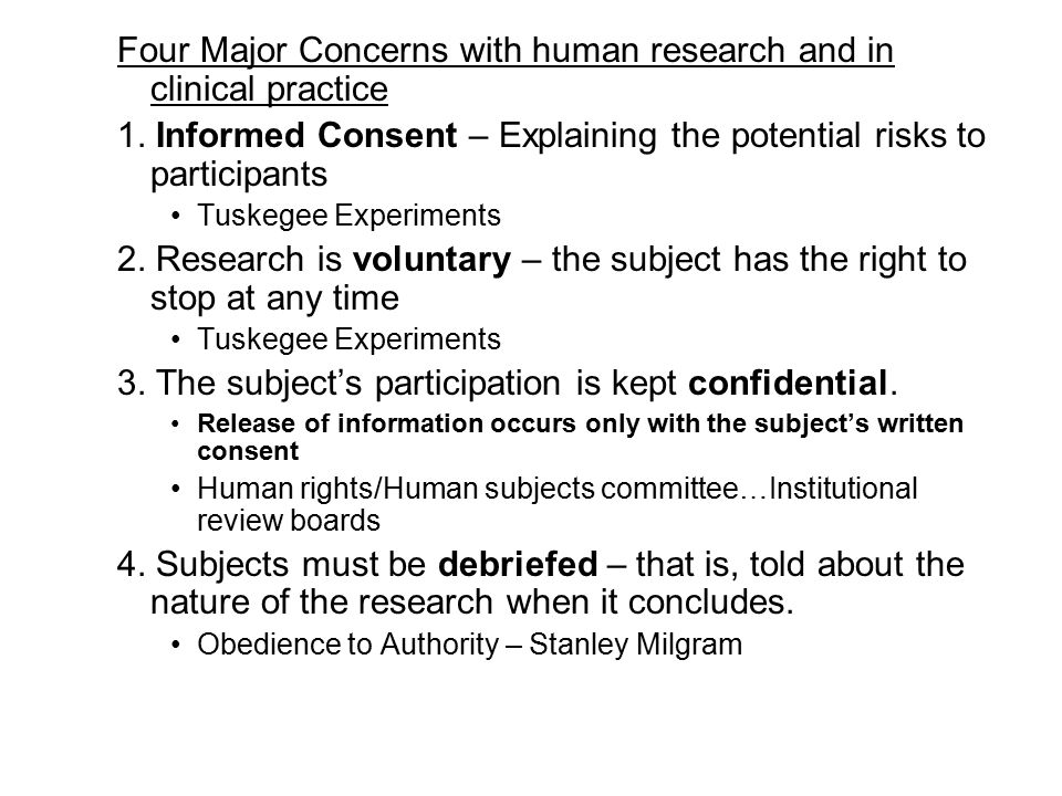 Four Major Concerns with human research and in clinical practice