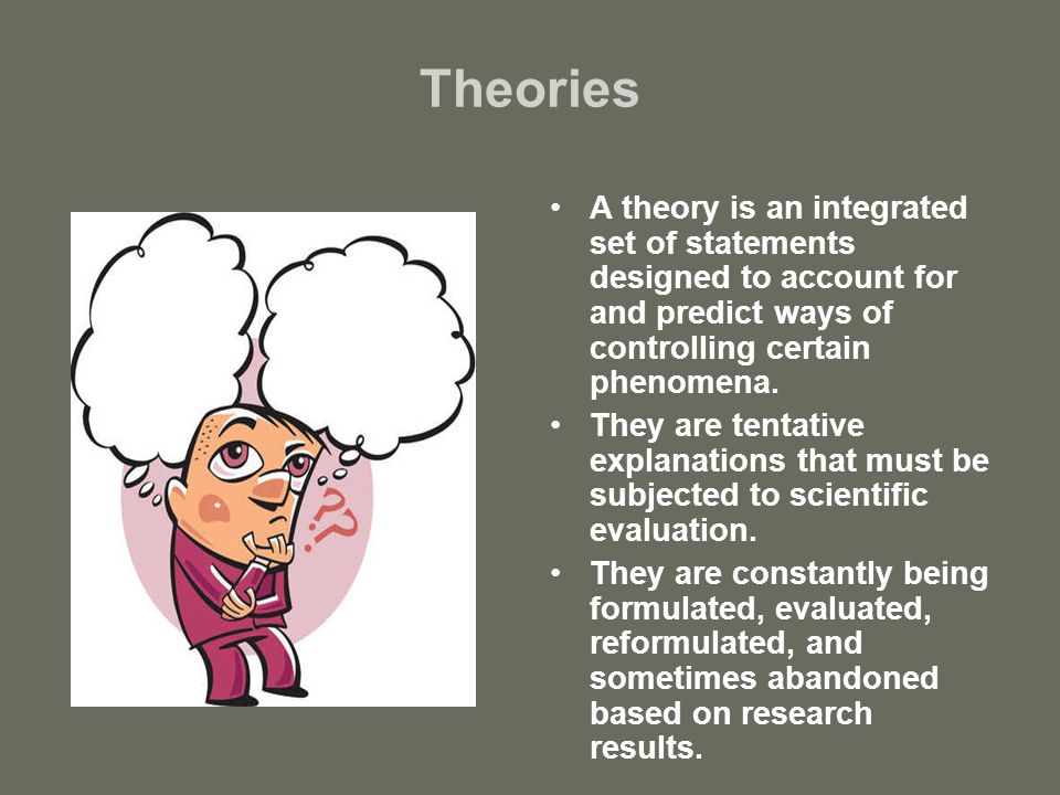 Theories A theory is an integrated set of statements designed to account for and predict ways of controlling certain phenomena.