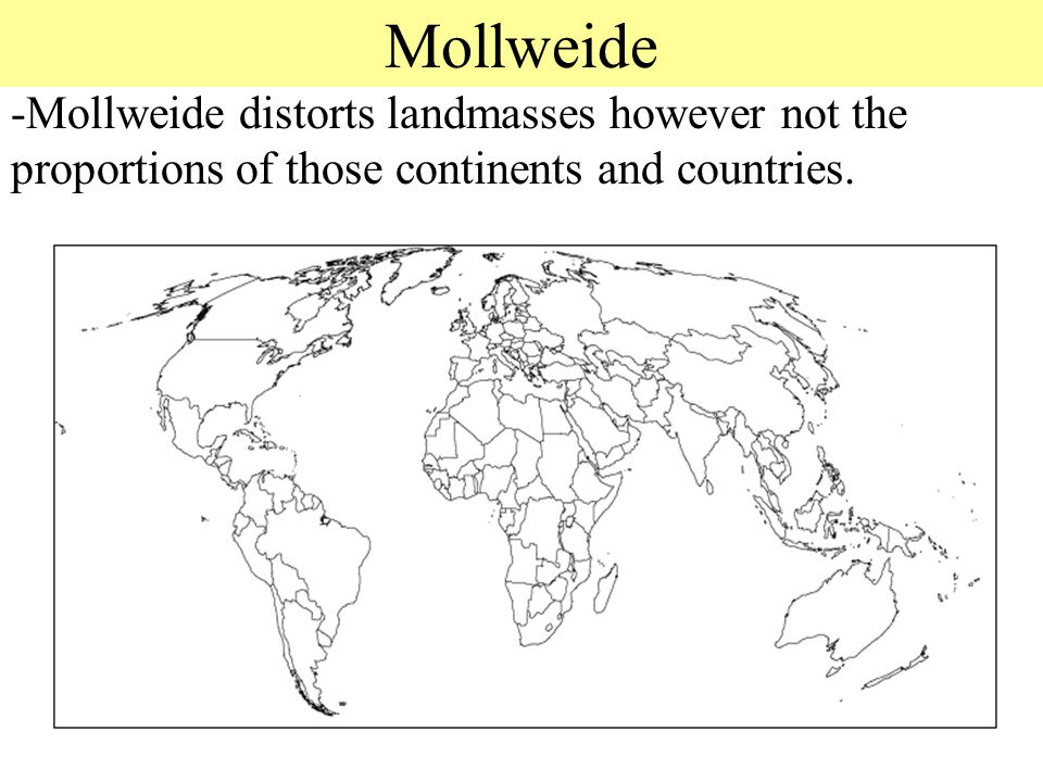 Mollweide -Mollweide distorts landmasses however not the proportions of those continents and countries.