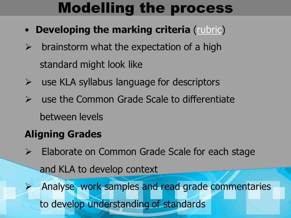 Modelling the process Developing the marking criteria (rubric)