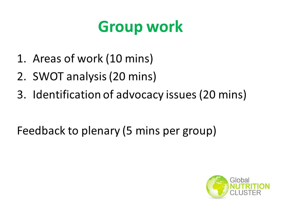 Group work Areas of work (10 mins) SWOT analysis (20 mins)