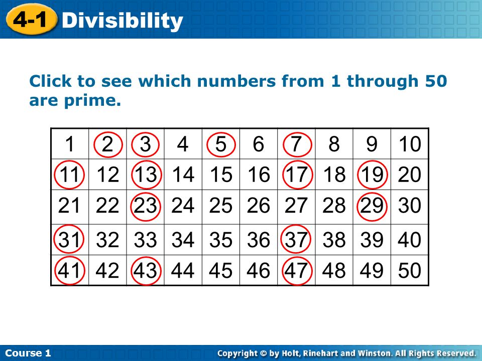 Course Divisibility. Click to see which numbers from 1 through 50 are prime