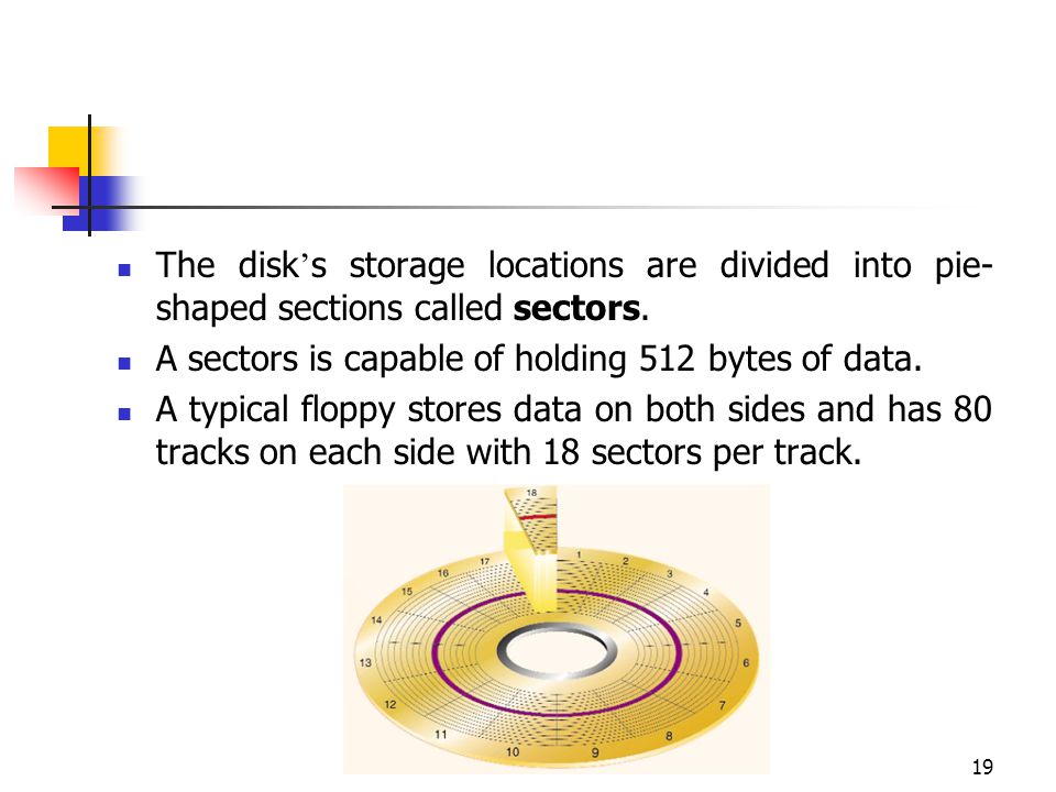 The disk’s storage locations are divided into pie-shaped sections called sectors.