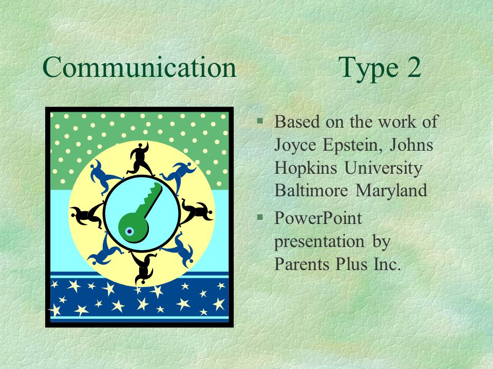 Communication Type 2 Based on the work of Joyce Epstein, Johns Hopkins University Baltimore Maryland.