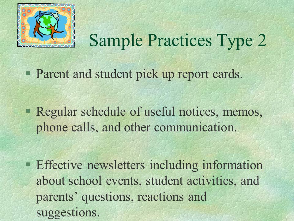 Sample Practices Type 2 Parent and student pick up report cards.