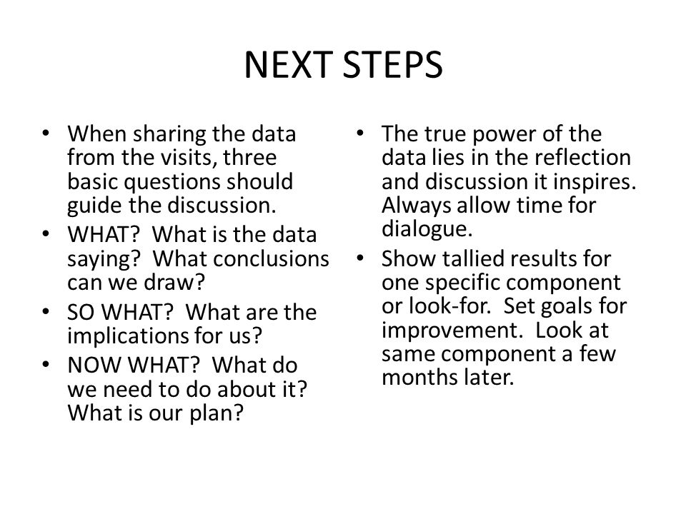 NEXT STEPS When sharing the data from the visits, three basic questions should guide the discussion.