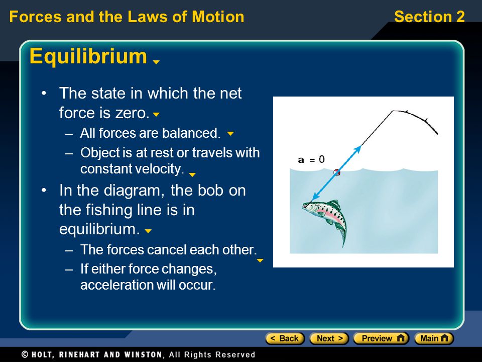 Equilibrium The state in which the net force is zero.
