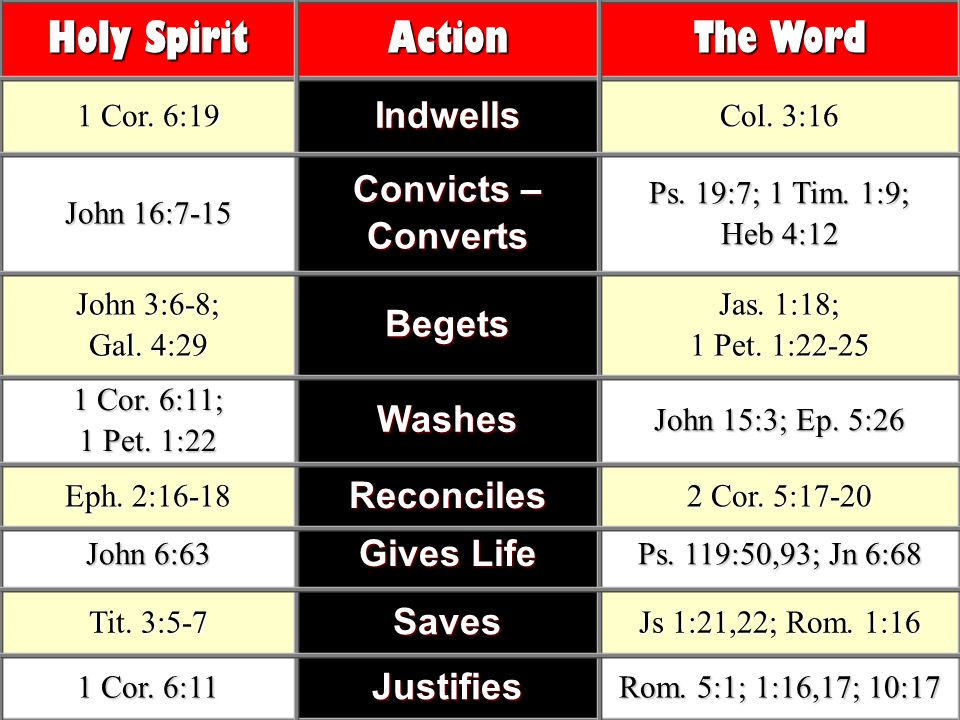 Holy Spirit Action The Word Indwells Convicts – Converts Begets Washes