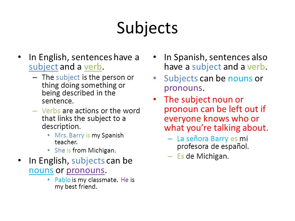 Subjects In English, sentences have a subject and a verb.