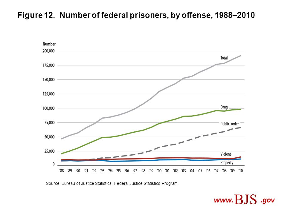 Figure 12. Number of federal prisoners, by offense, 1988–2010