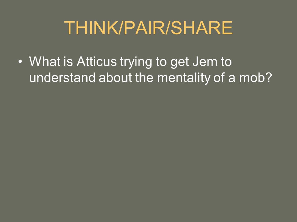 THINK/PAIR/SHARE What is Atticus trying to get Jem to understand about the mentality of a mob