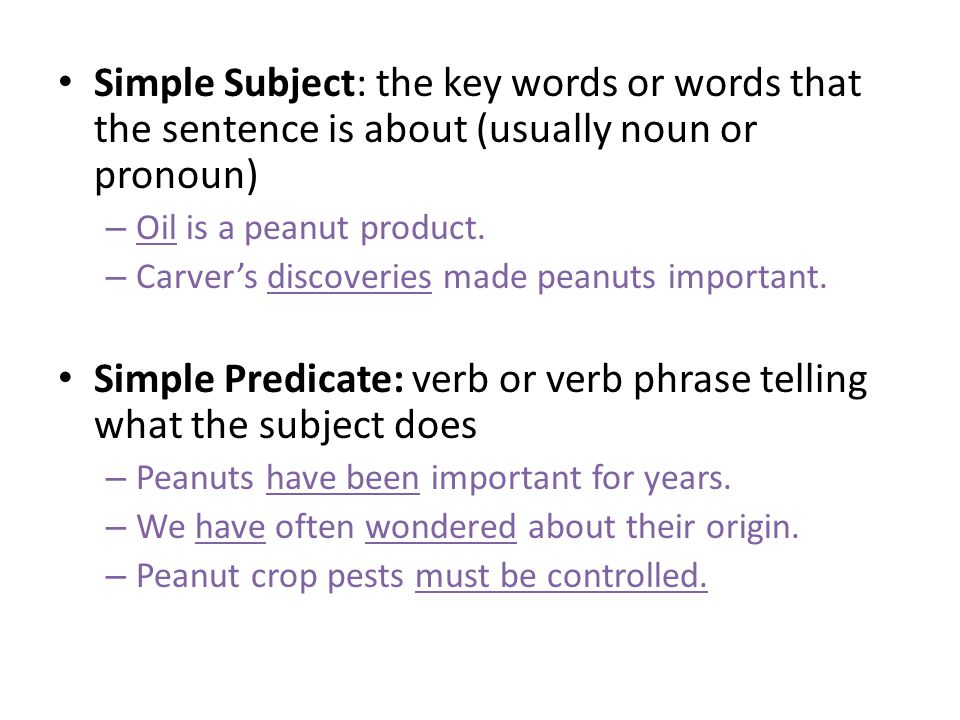 Simple Predicate: verb or verb phrase telling what the subject does