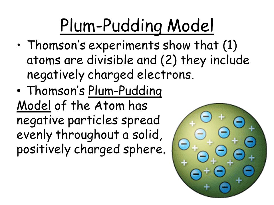Plum-Pudding Model Thomson’s experiments show that (1) atoms are divisible and (2) they include negatively charged electrons.