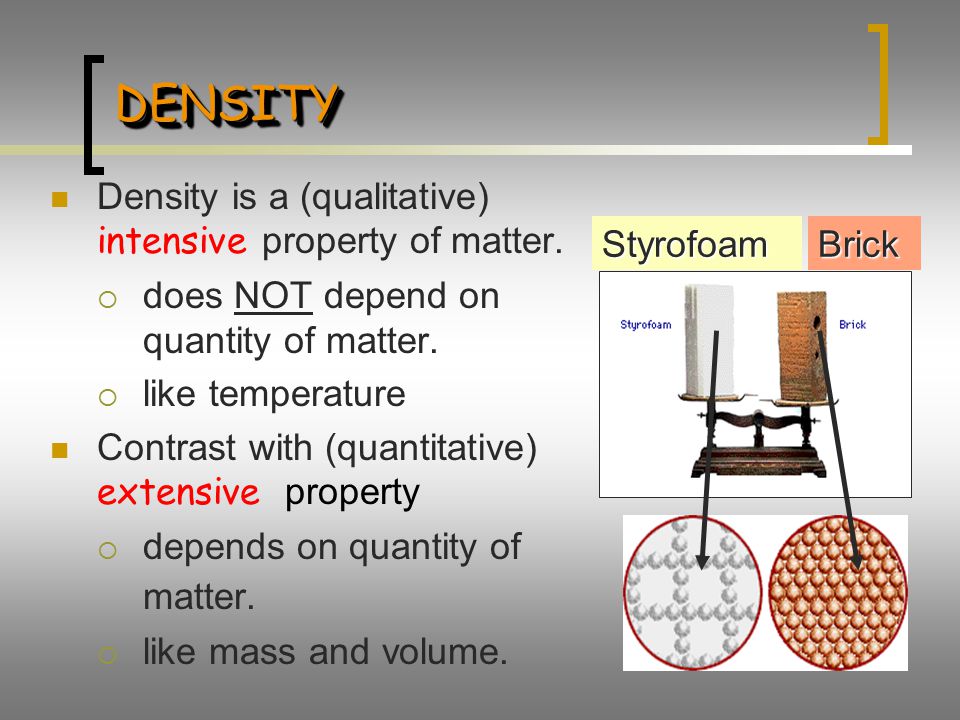 DENSITY Density is a (qualitative) intensive property of matter.