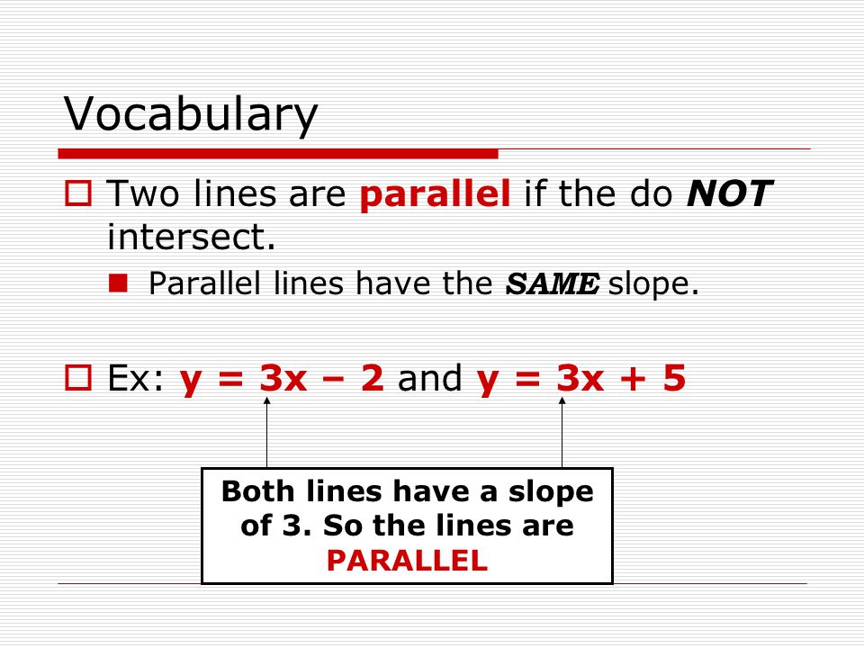 Both lines have a slope of 3. So the lines are PARALLEL