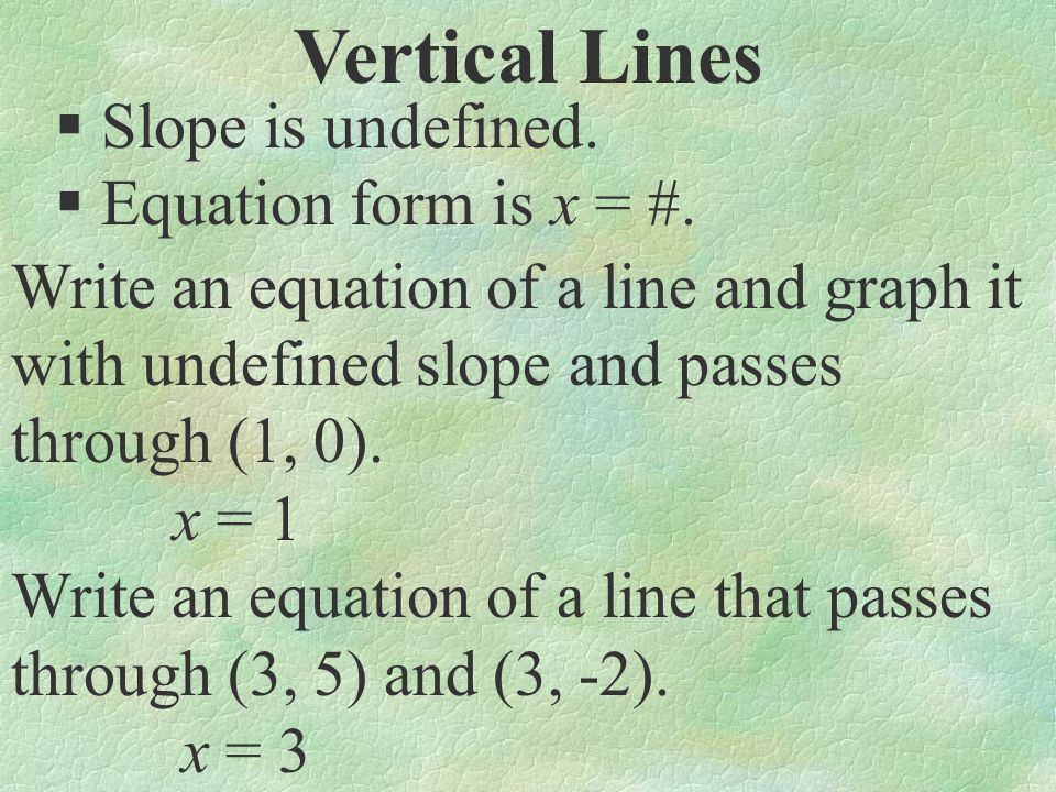 Vertical Lines Slope is undefined. Equation form is x = #.