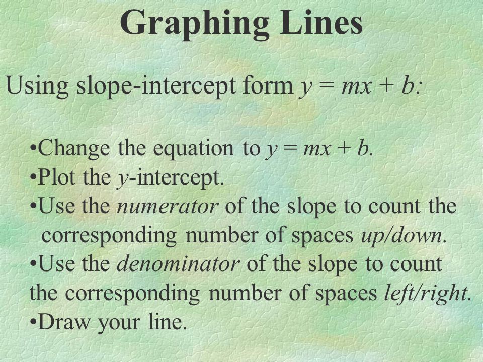 Graphing Lines Using slope-intercept form y = mx + b: